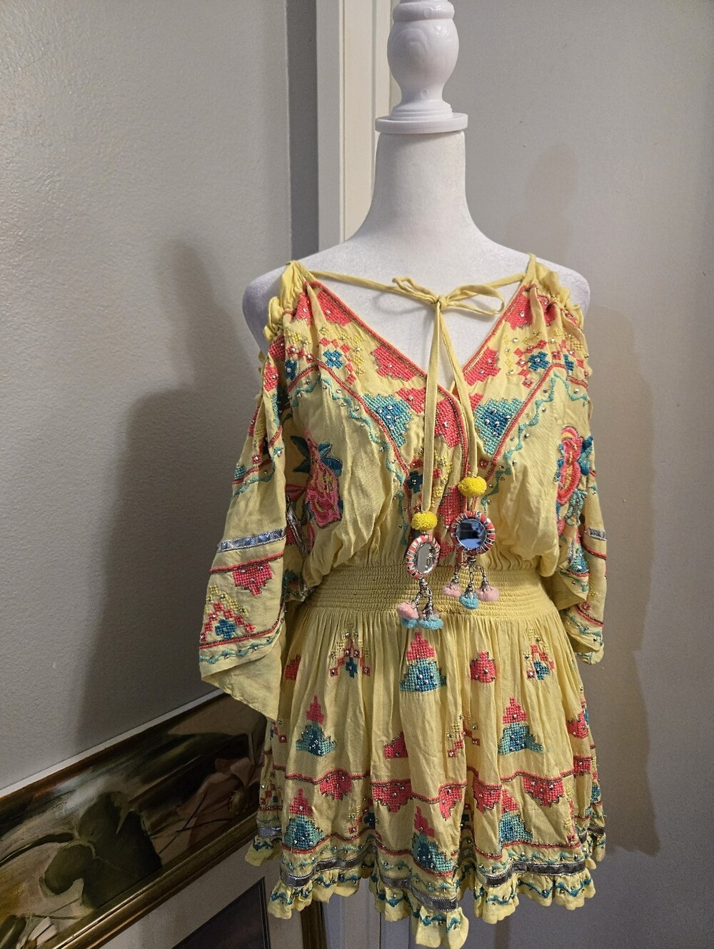 doamonf for eden Colorful Bohemian Summer Dress, Floral Embroidery & Pom Poms XS